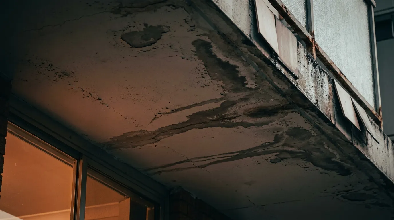 Close-up of balcony soffit showing efflorescence and water staining on a Sydney apartment building