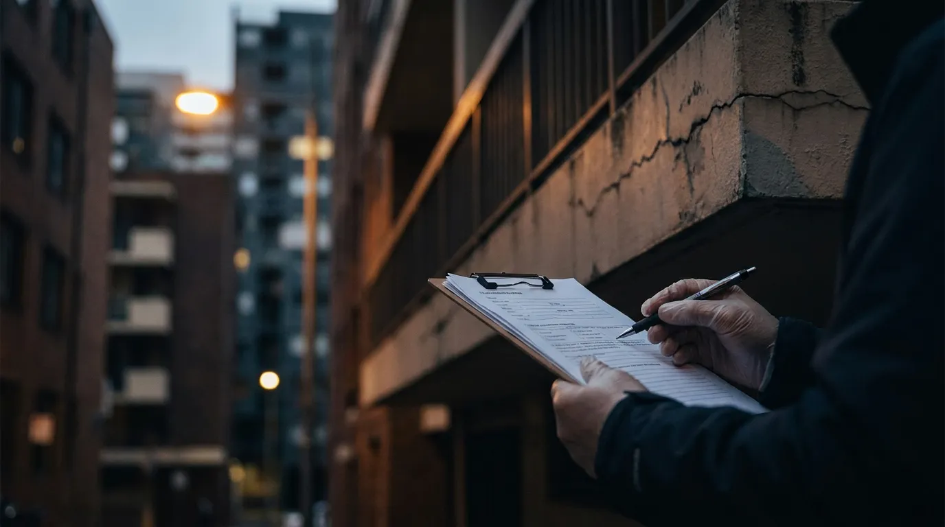 Building consultant inspecting facade defects on a Sydney apartment building