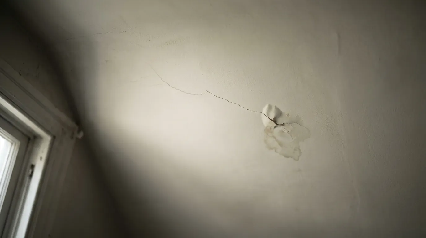 Bubbling and stained plaster ceiling with a brown water damage ring visible around a light fitting