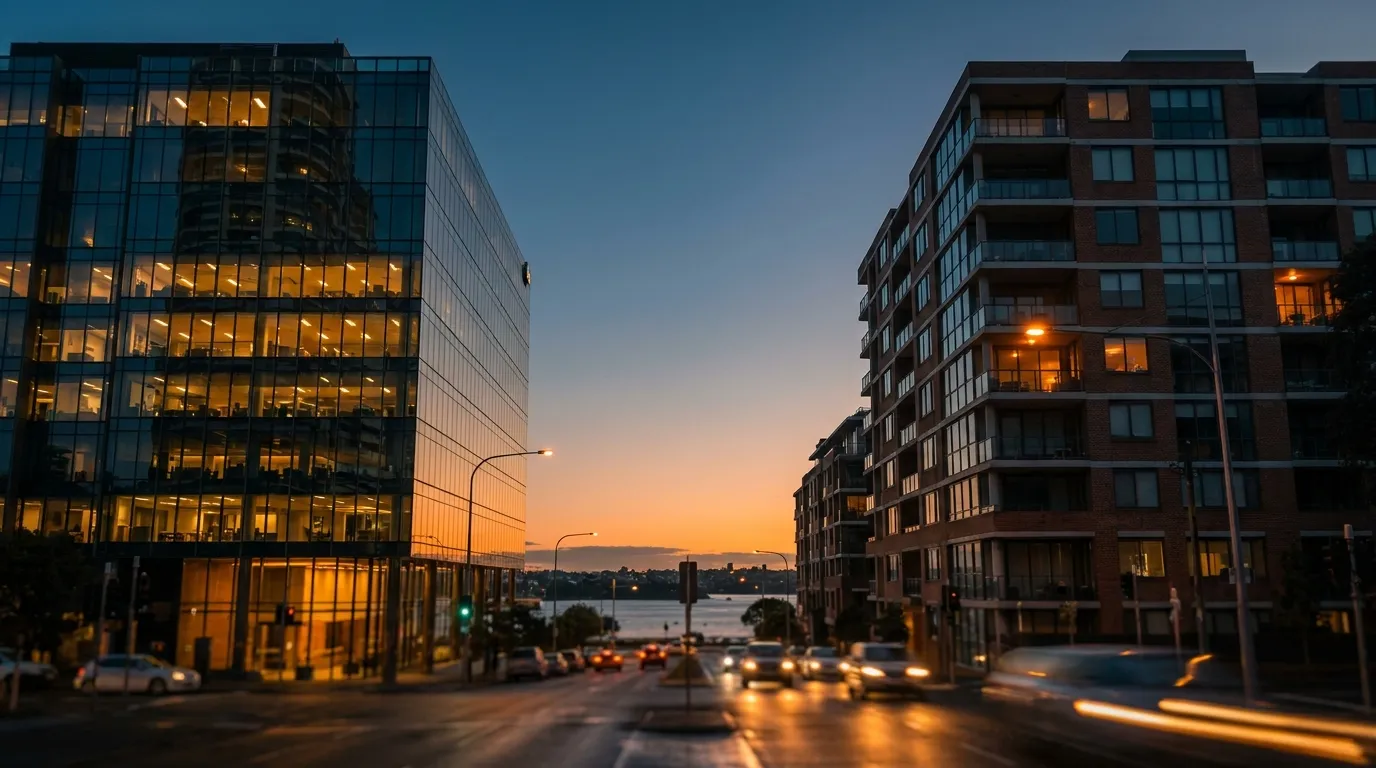 Side by side view of commercial office building and residential apartment building in Sydney CBD