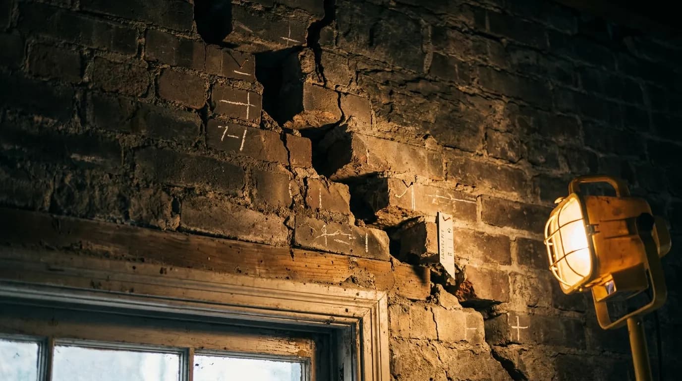Concrete crack on apartment building facade showing hairline fracture pattern