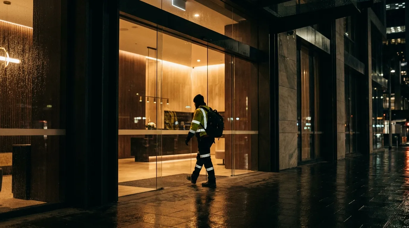 Maintenance contractor responding to emergency call at Sydney apartment building