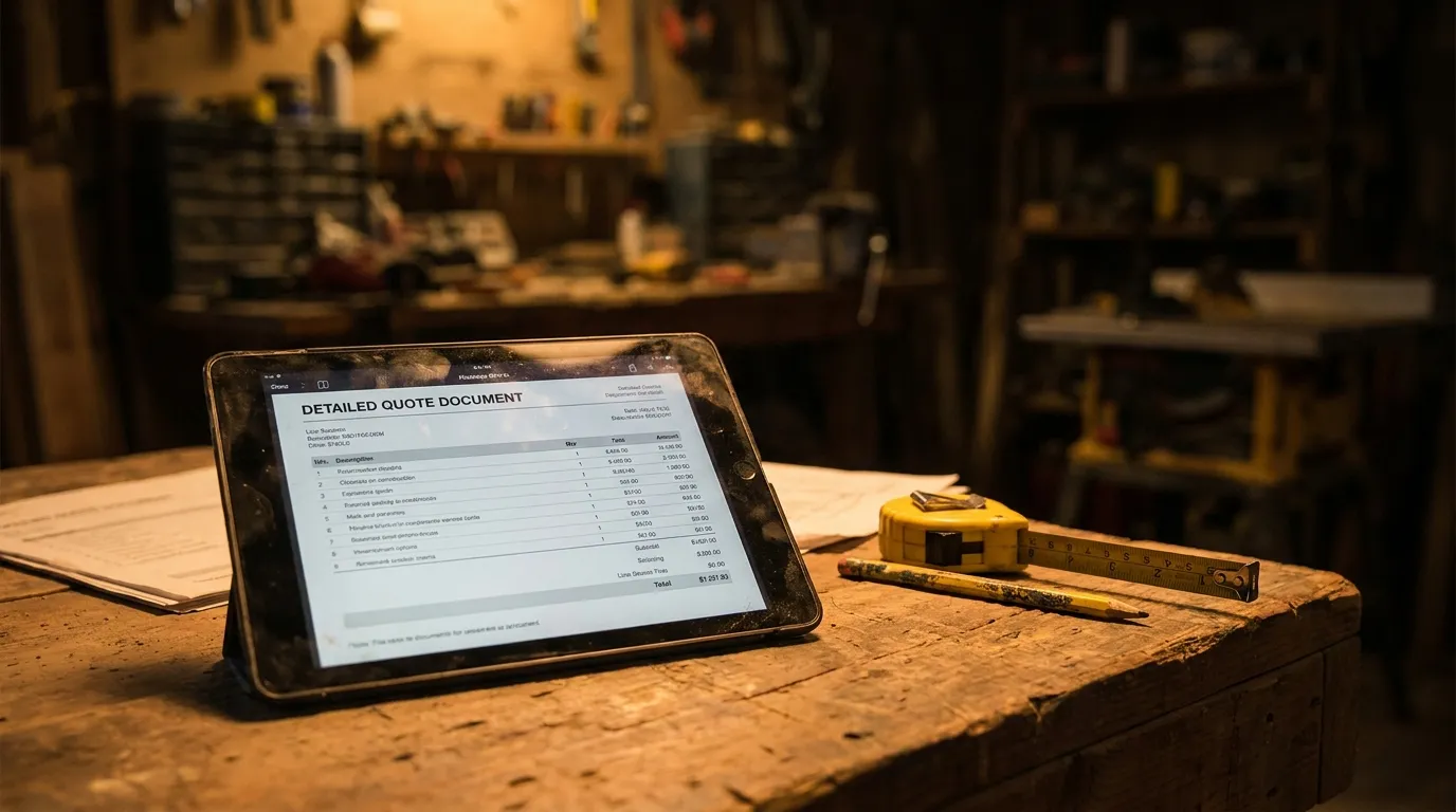 Property manager reviewing quotes on laptop with vacant Sydney rental property in background