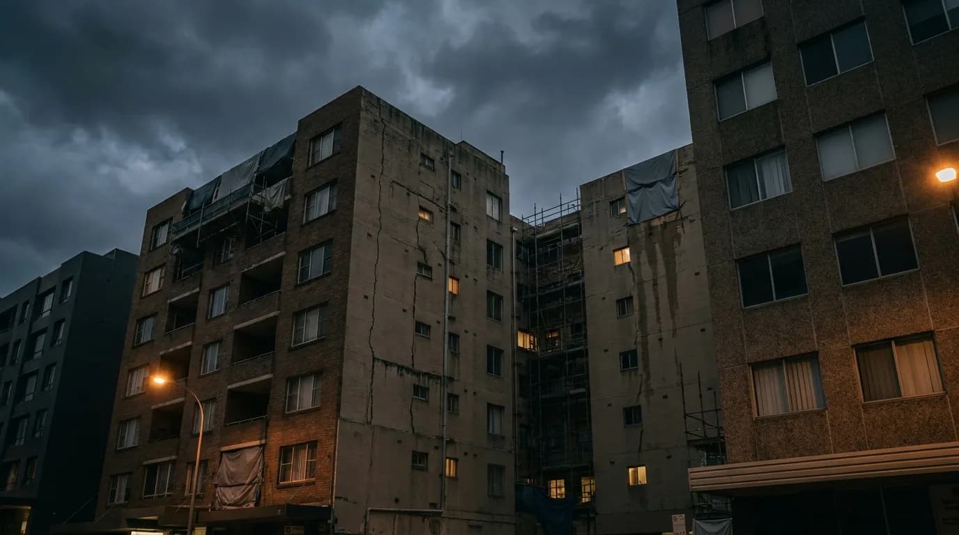 Apartment building corridor showing peeling paint and water staining from deferred maintenance