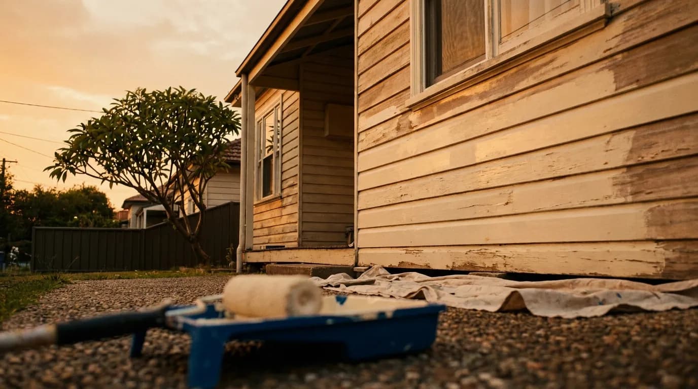 House painter on scaffolding applying fresh exterior paint to a rendered Sydney home