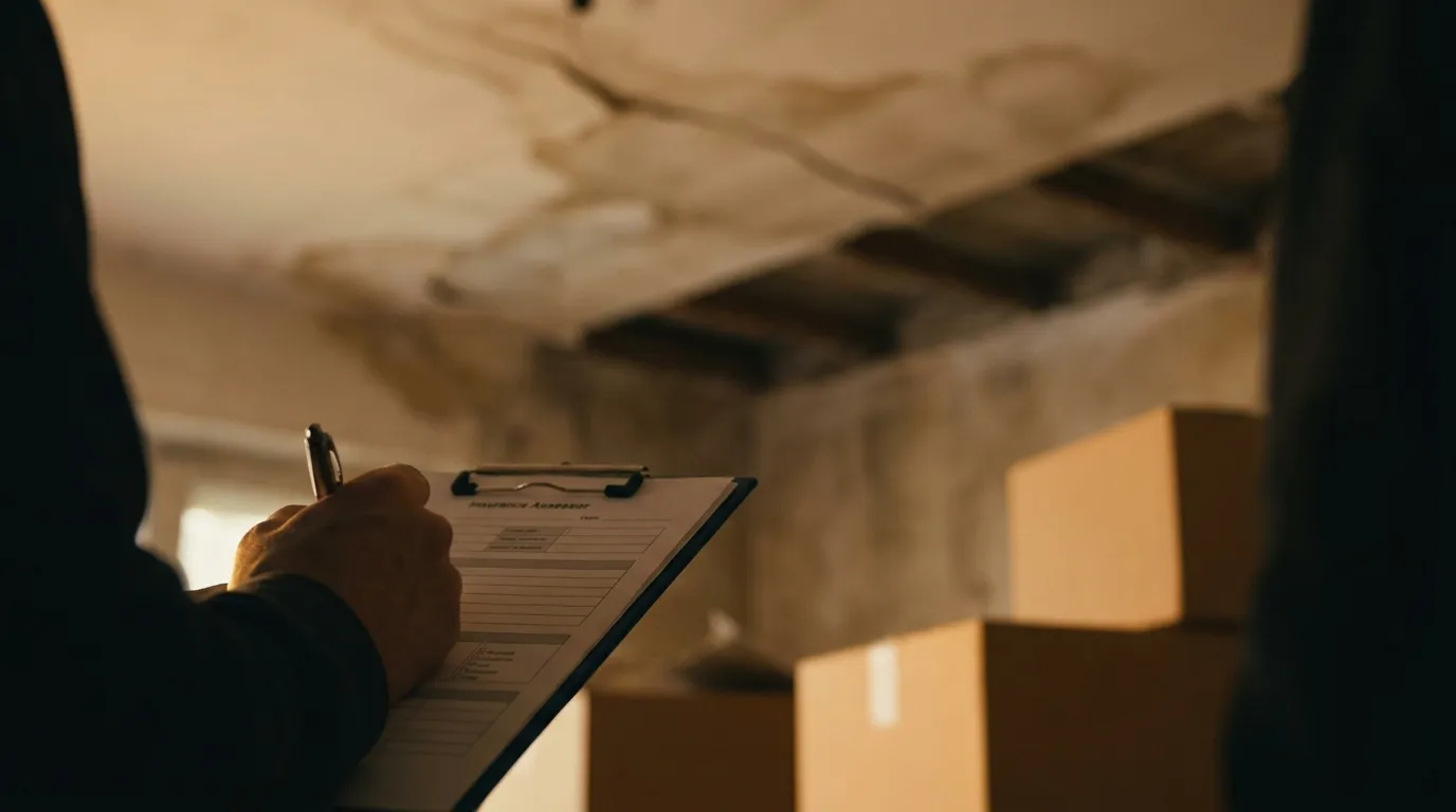 Strata building showing water damage to ceiling with insurance claim documentation