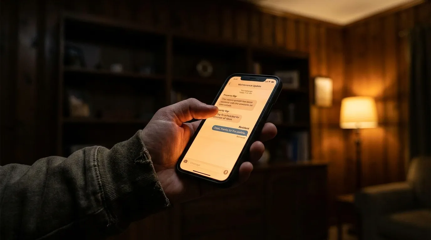 Property manager on phone with landlord reviewing completed maintenance photo on tablet