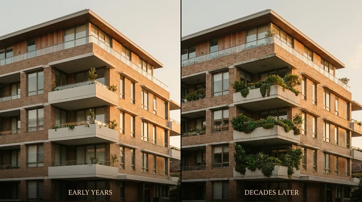 Building maintenance contractor reviewing historical project documentation with a Sydney strata manager