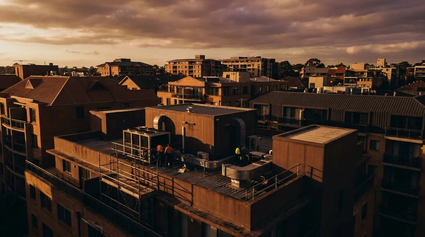 Sydney apartment building facade showing common maintenance issues including render cracking and balcony staining