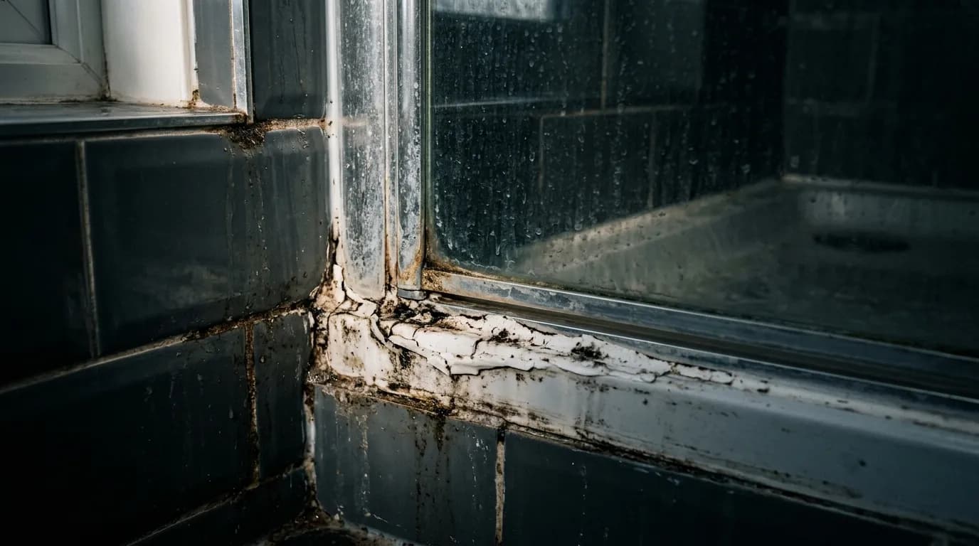 Close-up of failed black silicone joint in a shower corner with visible gap between tiles and water staining