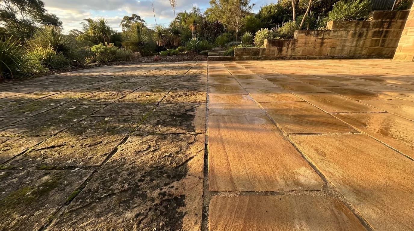 Before and after comparison of a Sydney home driveway - dark green algae-stained concrete versus clean light grey concrete after pressure cleaning