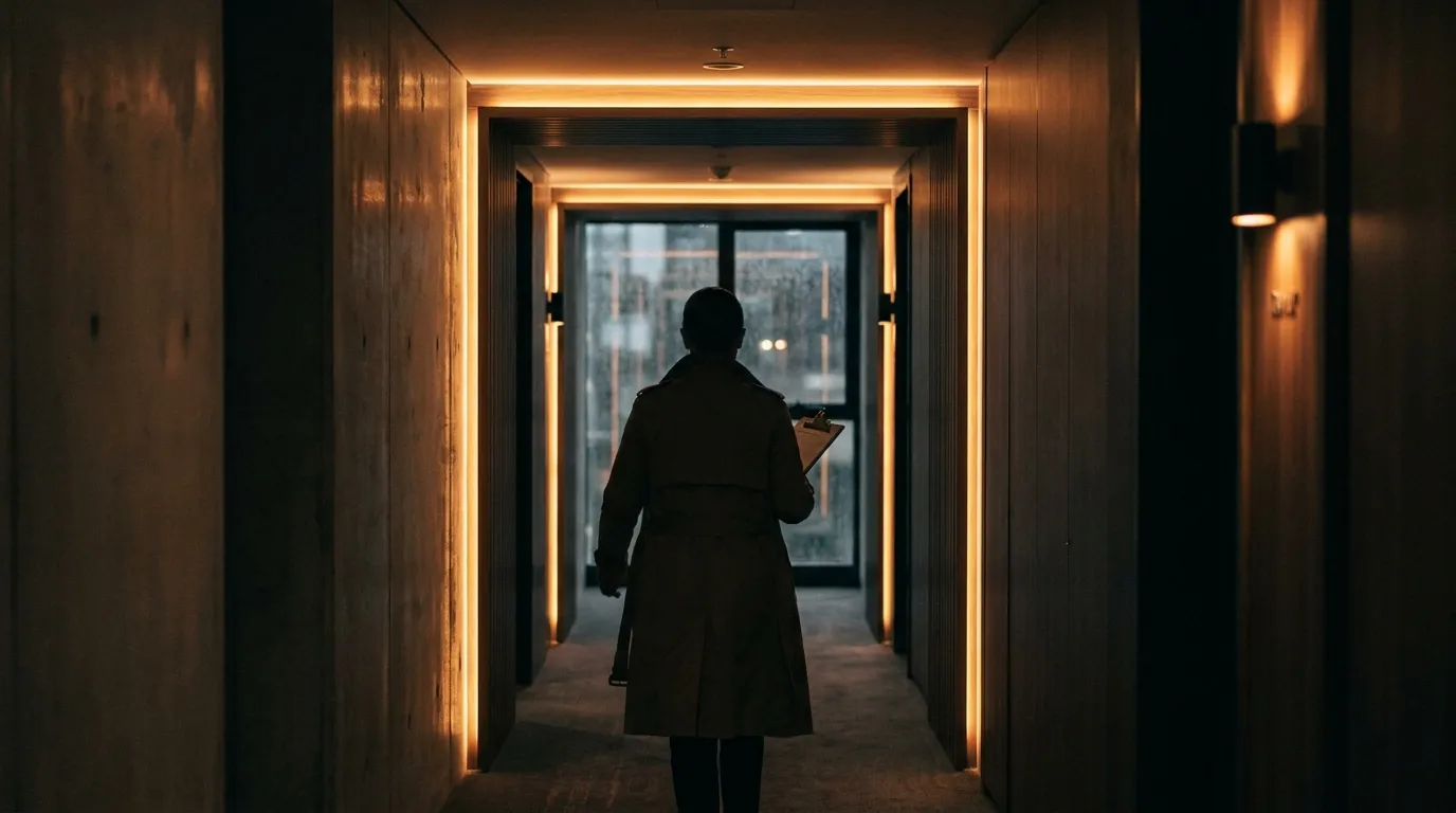 Building inspector examining strata building facade with clipboard and camera in Sydney