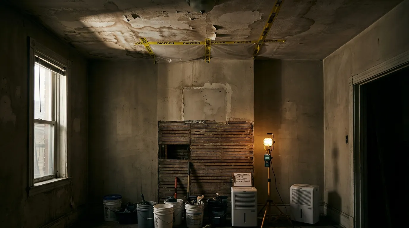 Water damage on Sydney apartment ceiling from delayed repair, showing brown stains and peeling paint