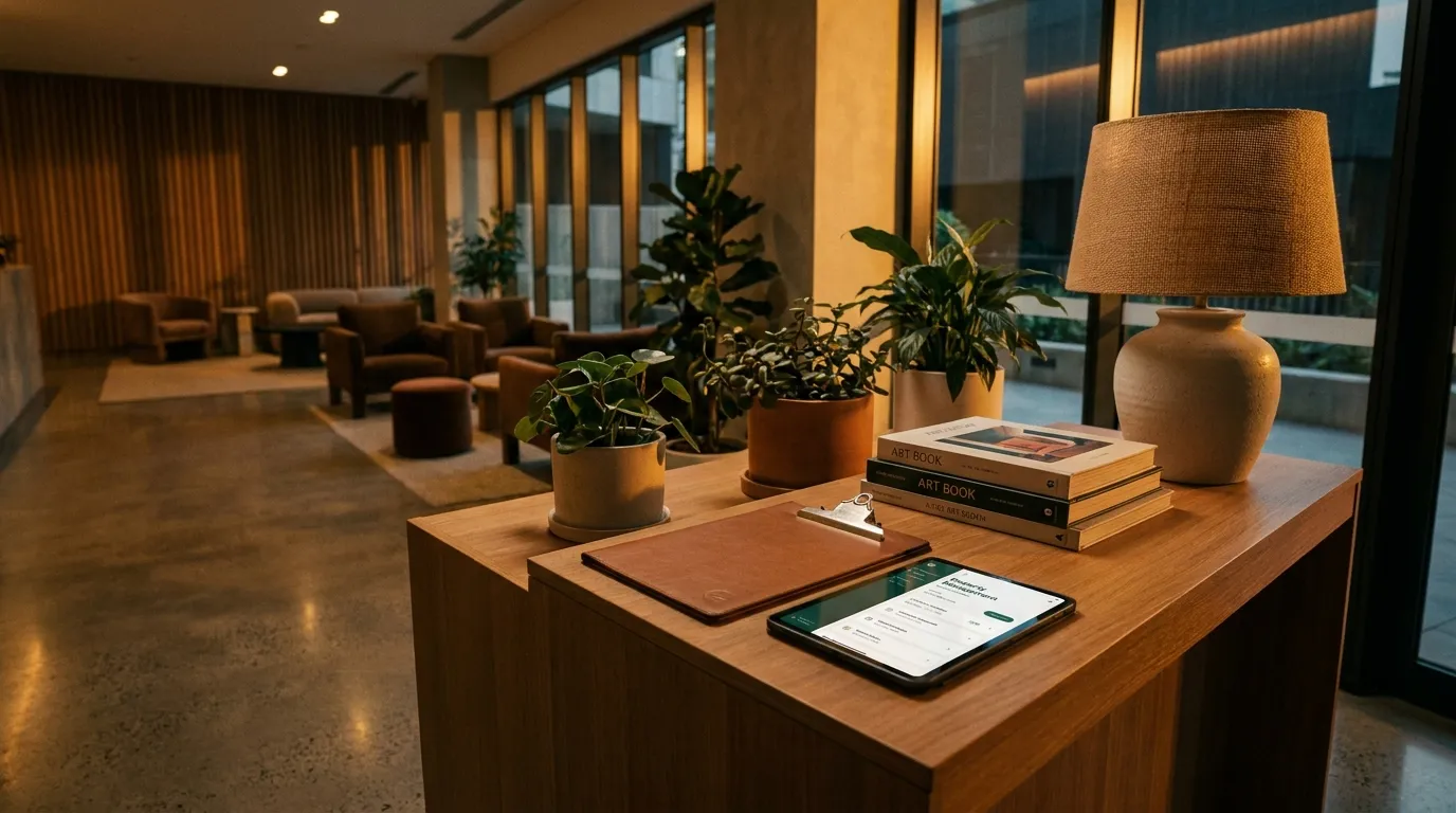 Strata manager reviewing a maintenance register with a maintenance team in a Sydney apartment building