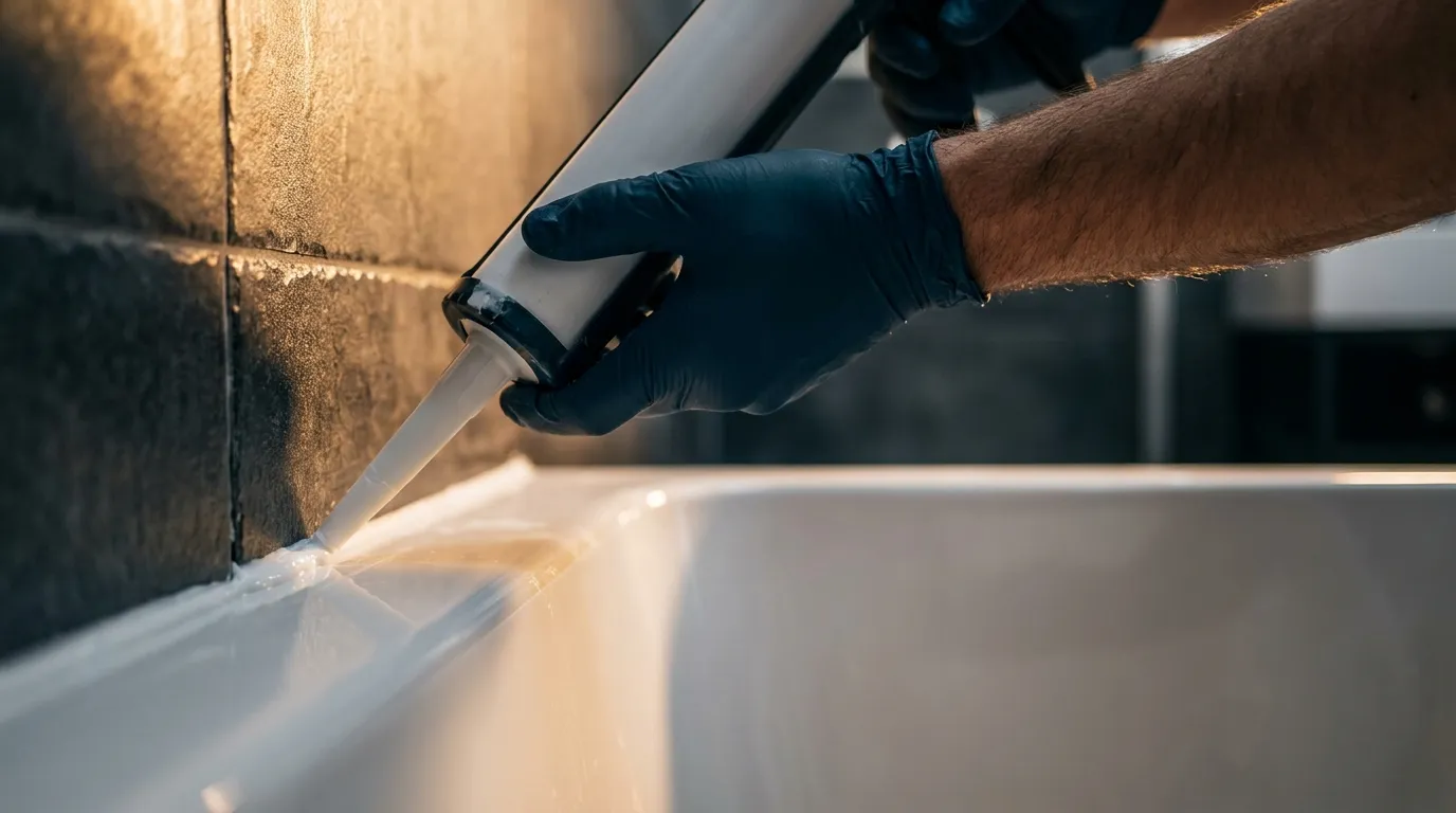 Split image showing failed black silicone in a shower corner versus fresh white silicone after professional resealing