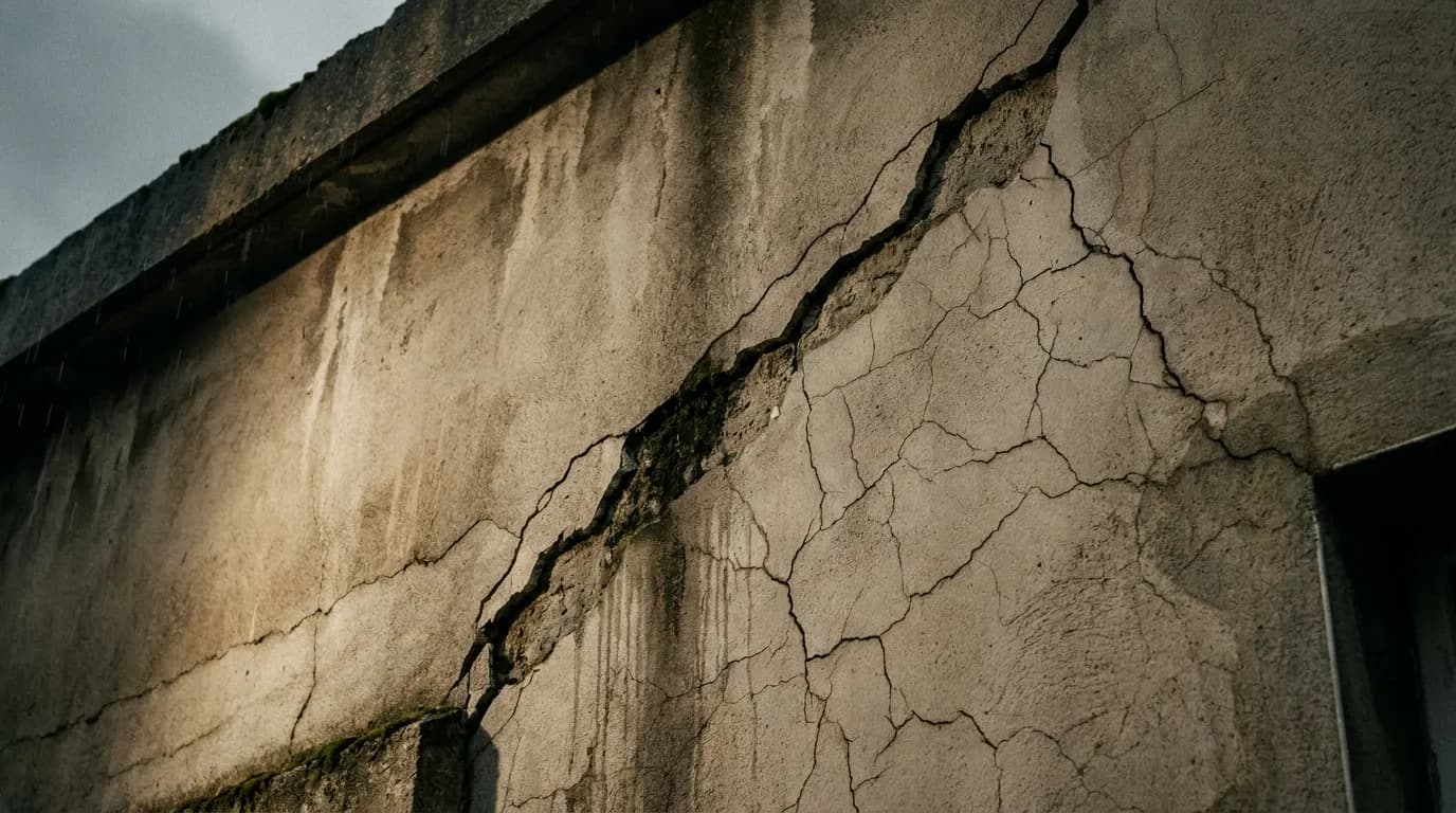 Diagonal stepped crack in rendered external wall running from a window corner, with hairline shrinkage crack comparison