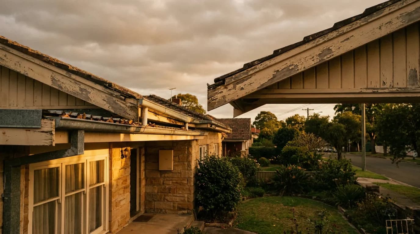 Close-up of a hairline crack in rendered exterior wall with peeling paint around the edge