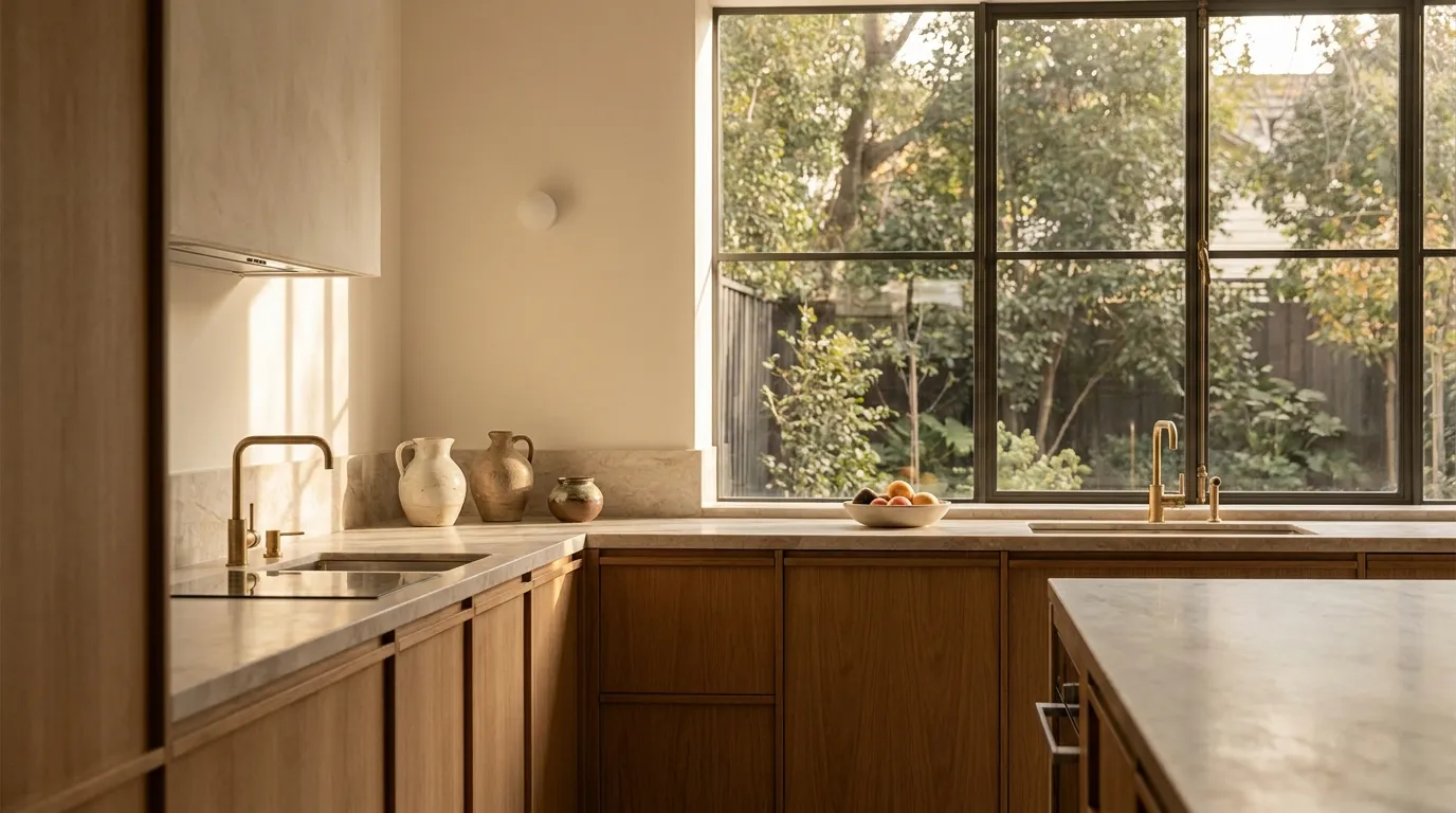 Freshly renovated Sydney kitchen with stone benchtops and new cabinetry staged for real estate photography
