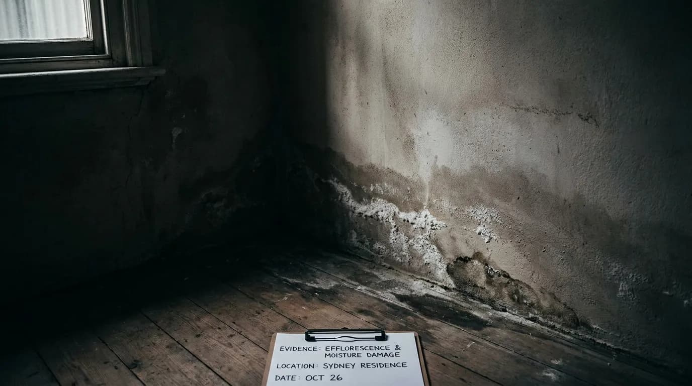 White efflorescence salt deposits visible on lower brick wall with rising damp marks and flaking render