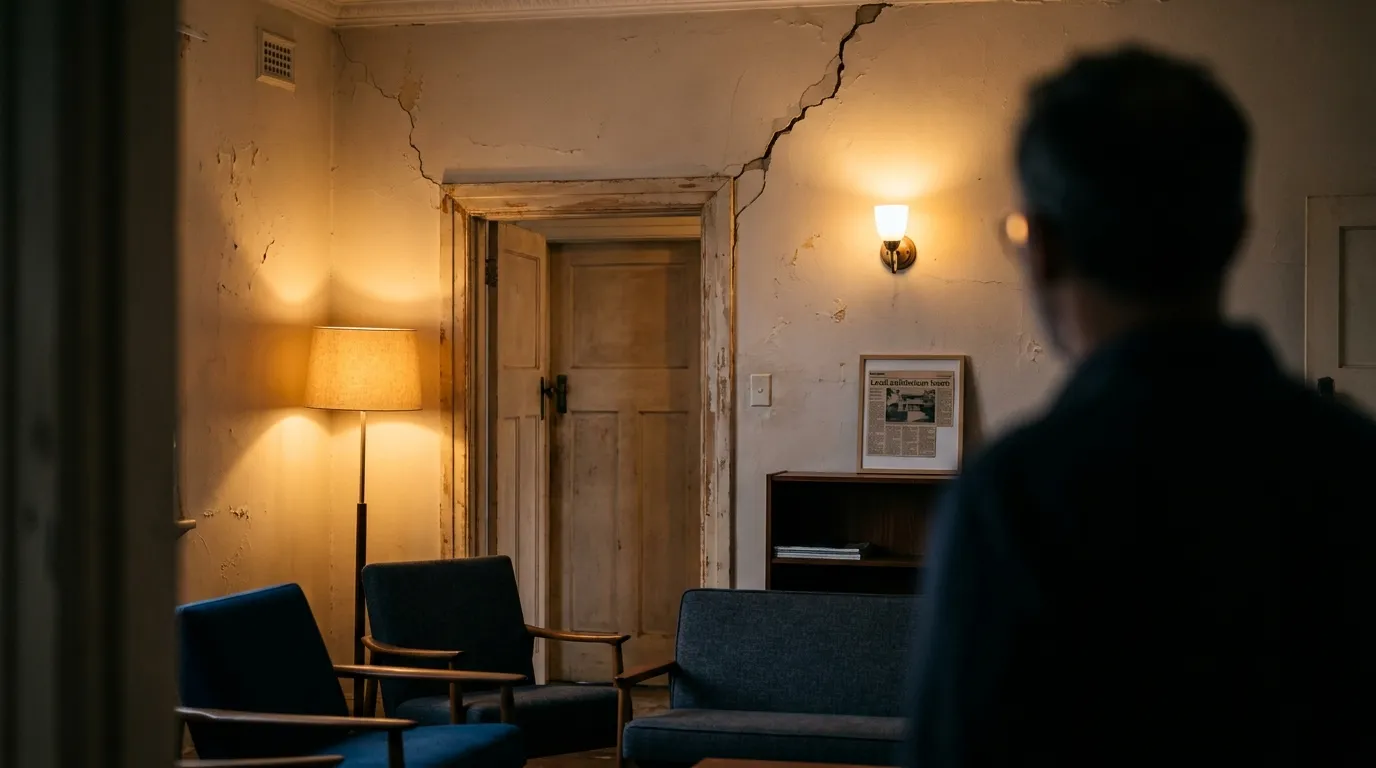 Property manager and building inspector examining wall cracks at Sydney apartment to determine damage cause