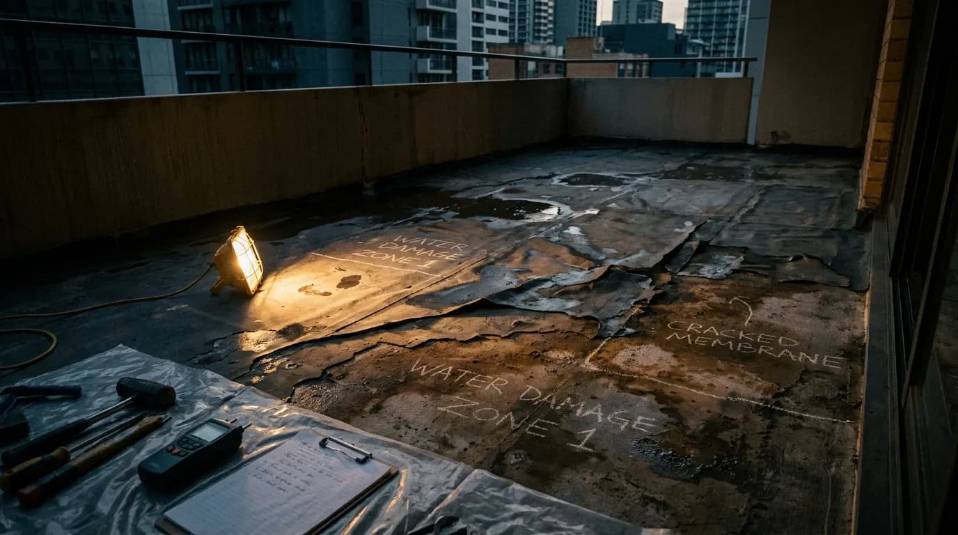 Waterproofing membrane failure on a Sydney apartment building roof terrace showing cracking and delamination